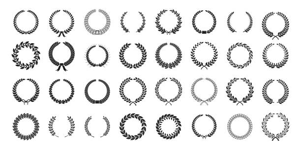 эмблема лорел пшеницы. черные ветви силуэт в форме круга для логотипа награды чемпиона, геральдический трофей гребень, приз или медаль эл�ем - bay leaf stock illustrations