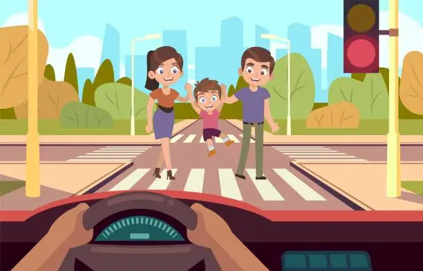 Vector illustration of Crosswalk. Family crosses road, observing traffic rules, mother father and little son cross roadway driver stop at red lights flat vector cartoon characters on city landscape
