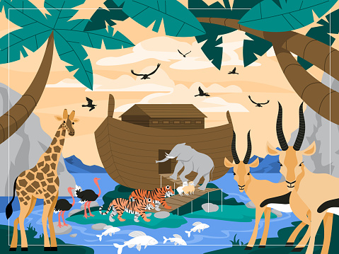 Bible narratives about Noah. Christian bible character. Scripture history. Noah build the Ark of the Covenant for animals. Vector illustration.