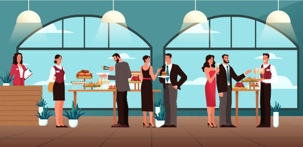 Catering concept illustration. Idea of food service at the hotel. Catering concept illustration. Idea of food service at the hotel. Event in restaurant, banquet or party. Catering service web banner. Isolated vector flat illustration buffet illustrations stock illustrations