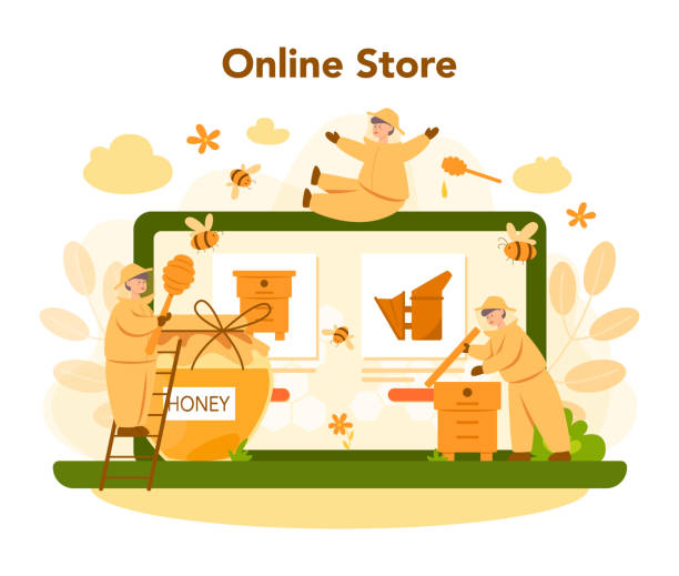 Hiver or beekeeper online service or platform. Professional farmer Hiver or beekeeper online service or platform. Professional farmer with hive and honey. Online honey store. Apiary worker, beekeeping and honey production. Vector illustration hiver stock illustrations