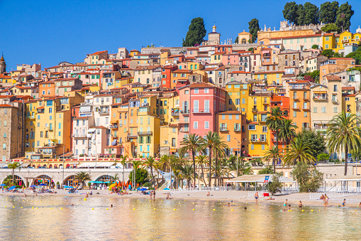 Colorful buildings in the mediaeval town of Menton, French Riviera city in the Mediterranean, France.