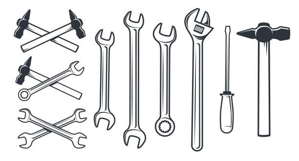 illustrations, cliparts, dessins animés et icônes de outils mécaniques de travail de matériel - wrench