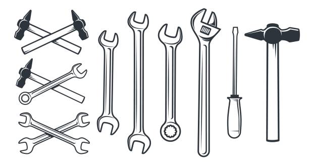 Hardware worker mechanical tools Hardware worker mechanical tools. Hammer vintage style. Handyman kit Spanner screwdriver. Crossed wrench icon. Vector illustration. wrench stock illustrations