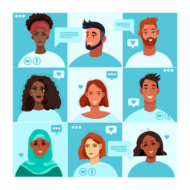 Virtual meeting concept with different-looking diverse people avatars on big screen. Video call or conference illustration with Muslim, Black and Caucasian men and women. Virtual meeting vector banner virtual background stock illustrations