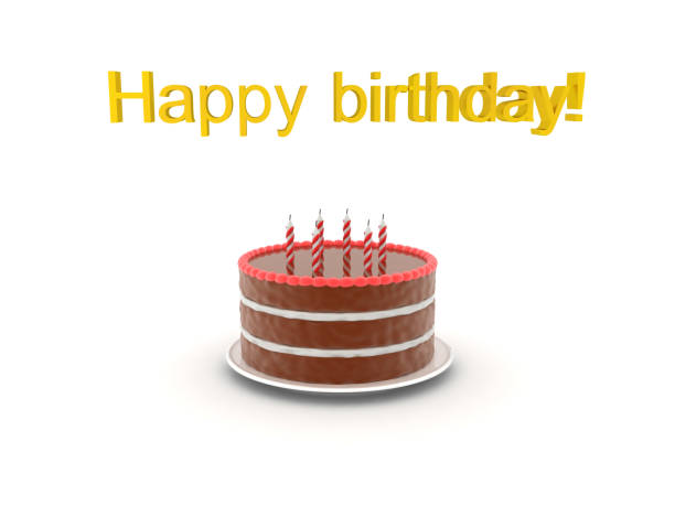 White cake decorated with strawberries and blueberries placed on a tray on a white table. Happy Birthday