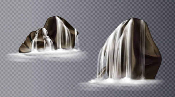 ilustraciones, imágenes clip art, dibujos animados e iconos de stock de cascada cascada en roca, caída de agua realista - waterfall river stream mountain