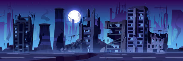 ilustraciones, imágenes clip art, dibujos animados e iconos de stock de la ciudad destruye en la guerra, los edificios abandonados por la noche. - city night spooky skyline