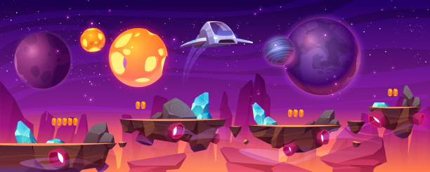 Space game platform, cartoon 2d gui alien planet Space game platform, cartoon 2d gui alien planet landscape, computer or mobile background with spaceship, arcade elements for jumping and bonus items. Cosmos, universe futuristic vector illustration alien planet stock illustrations