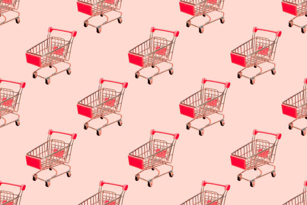 shopping cart seamless pattern on pastel pink background. - print shop imagens e fotografias de stock