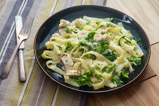 Authentic Italian fettuccine alfredo pasta dish with grilled chicken breast and broccoli
