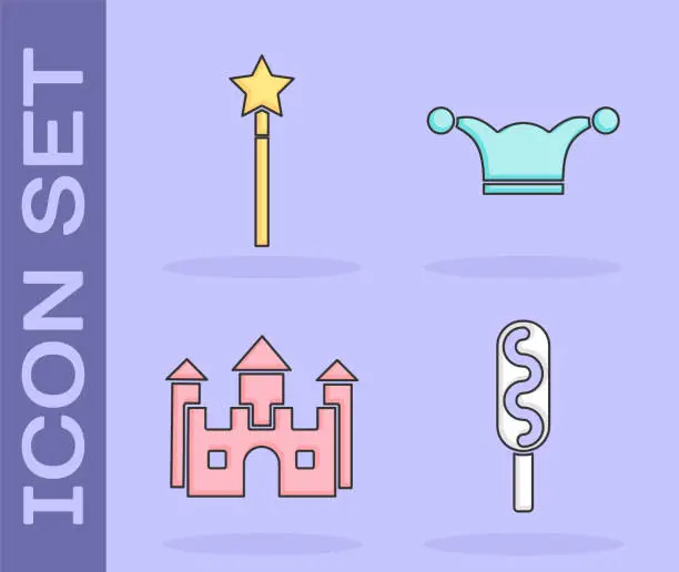 Vector illustration of Set Corn dog, Magic wand, Castle and Jester hat with bells icon. Vector