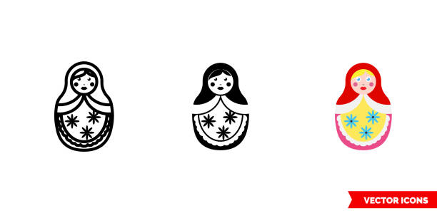 illustrazioni stock, clip art, cartoni animati e icone di tendenza di matrioshka icona dei simboli russi di 3 tipi di colore, bianco e nero, contorno. simbolo di segno vettoriale isolato - russian nesting doll doll russia decoration