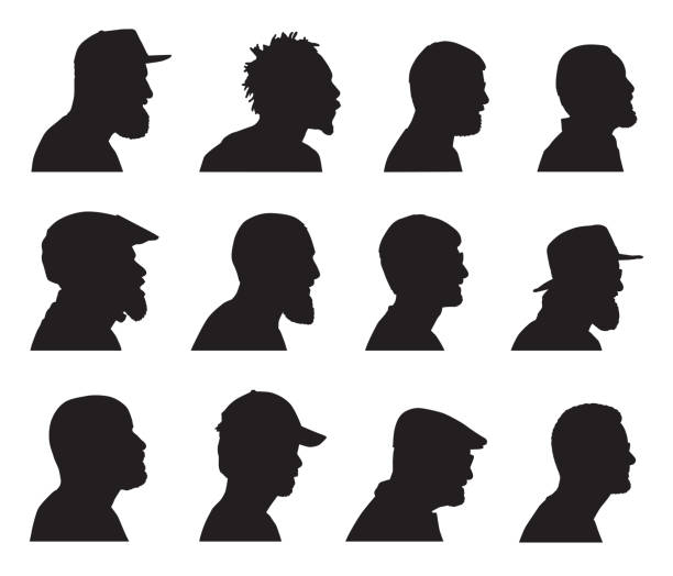 Bearded Men Head Profiles Vector silhouettes of twelve bearded men head silhouettes. sideways baseball hat stock illustrations