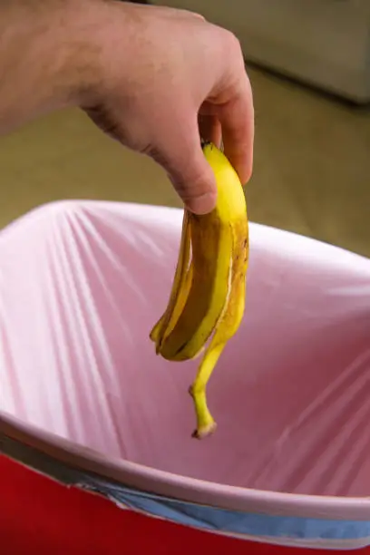 Throwing away old banana peel in red garbage can