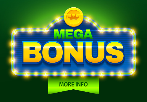 Retro sign with lamp Mega Bonus banner. Vector illustration design with poker, playing cards, slots and roulette.Green Bonus