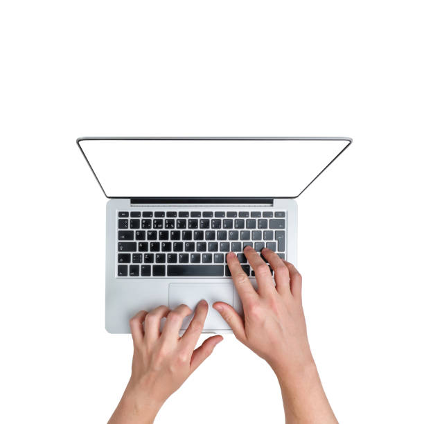 istock Hands on a laptop with top view on a white background. Isolated 1265276457