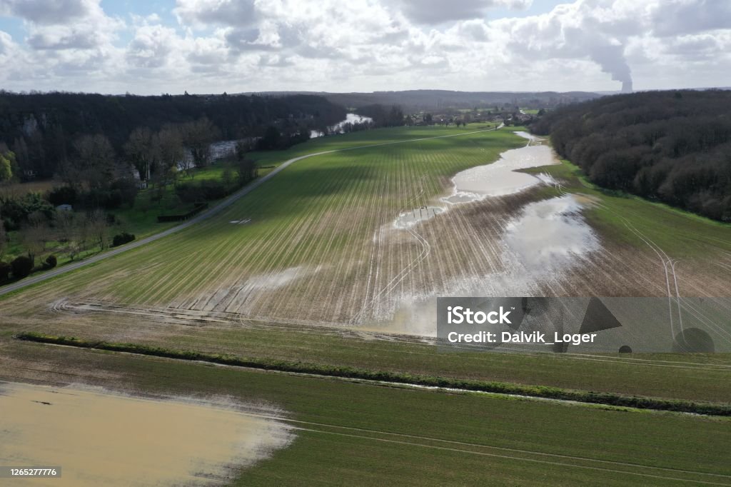 Aerial landscape Flooded countryside seen from the sky Agricultural Field Stock Photo