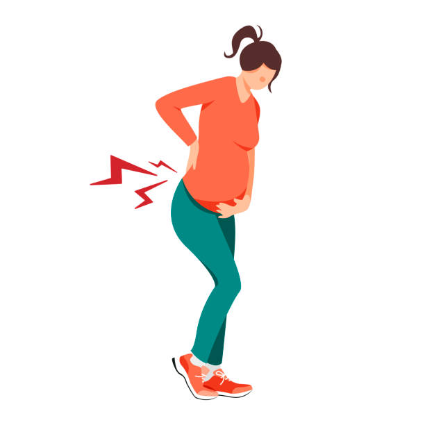 ilustrações de stock, clip art, desenhos animados e ícones de isolated on white pregnant woman experiencing lower back pain vector illustration. - lower back pain
