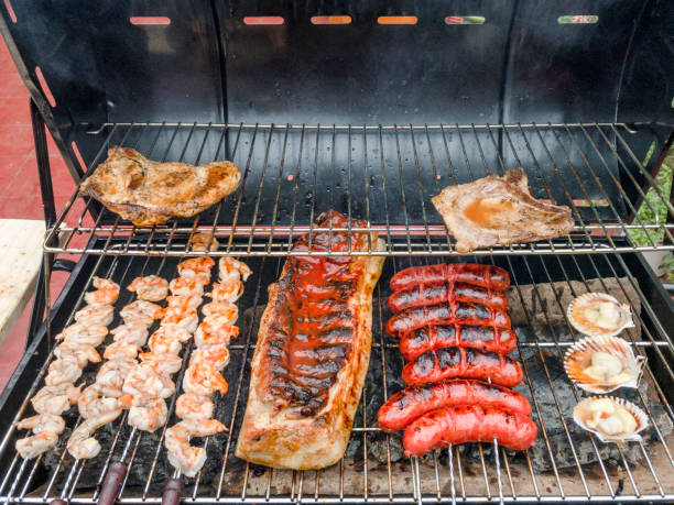 istock Grilled Chicken, Pork Rips, Prawns, And Platanos (Bananas) On A Barbecue 1265281583