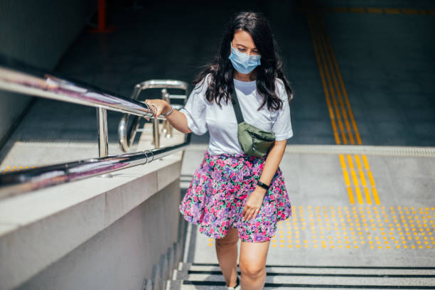 istock Woman wearing a sterile mask while travelling by train 1265282459
