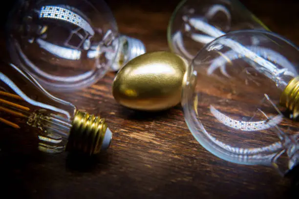 Golden egg idea concept with dead lightbulbs