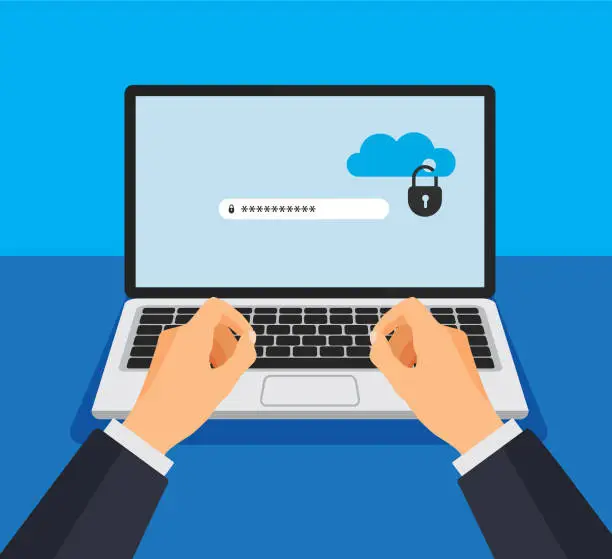 Vector illustration of Hand enters password in a cloud storage.