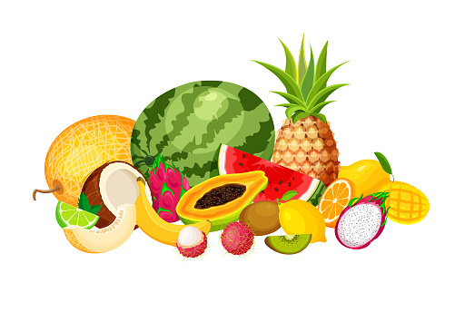 Pile Of Exotic Tropical Fruits In A Trendy Cartoon Style Stock Illustration  - Download Image Now - iStock