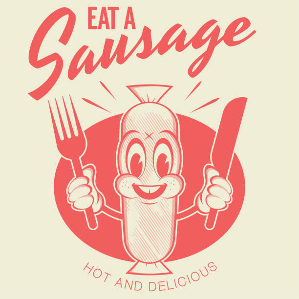 illustrations, cliparts, dessins animés et icônes de drôle logo de dessin animé de saucisse rouge dans le modèle rétro - saucisse
