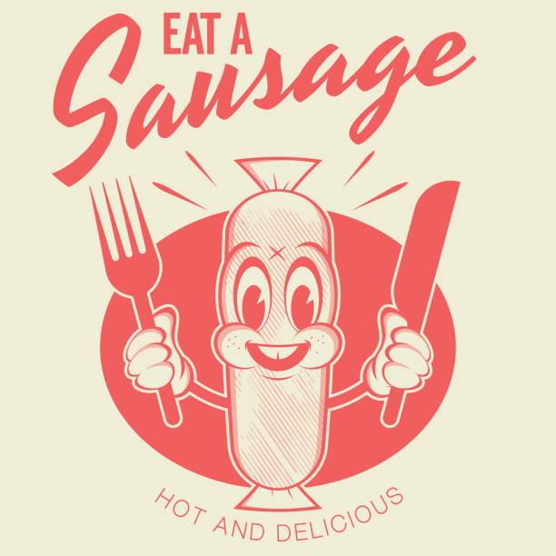 レトロなスタイルで面白い赤いソーセージ漫画のロゴ - sausage food retro revival fork点のイラスト素材／クリップアート素材／マンガ素材／アイコン素材