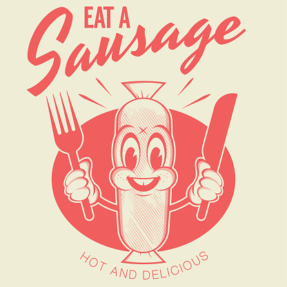 funny red sausage cartoon logo in retro style