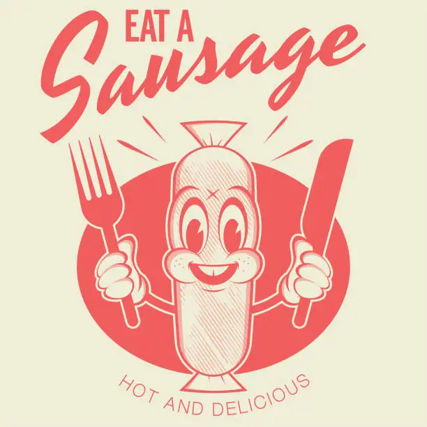 Vector illustration of funny red sausage cartoon logo in retro style