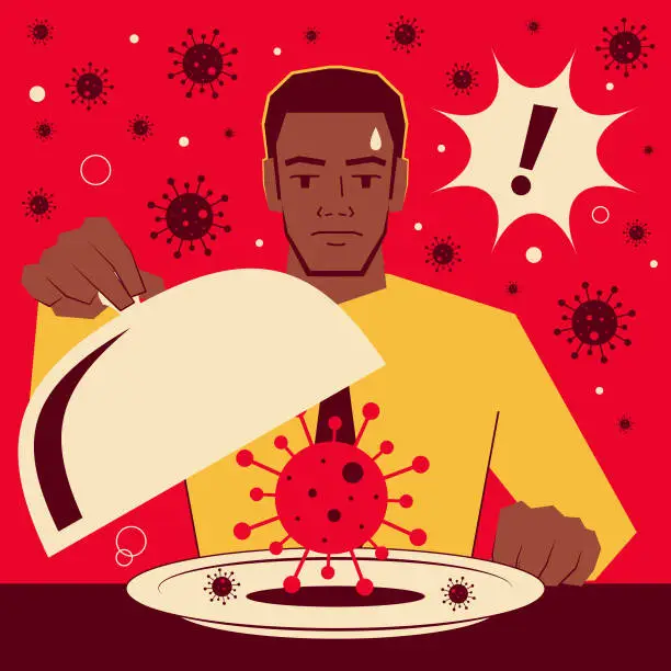 Vector illustration of Handsome African-American ethnicity businessman taking the domed lid off a tray that has coronavirus (covid-19, bacterium, virus)
