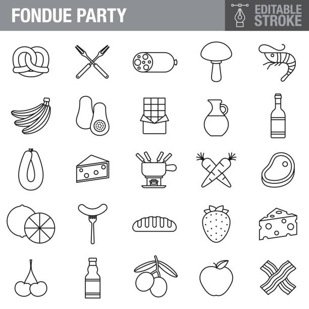 ilustrações de stock, clip art, desenhos animados e ícones de fondue editable stroke icon set - cheese food swiss cheese dairy product
