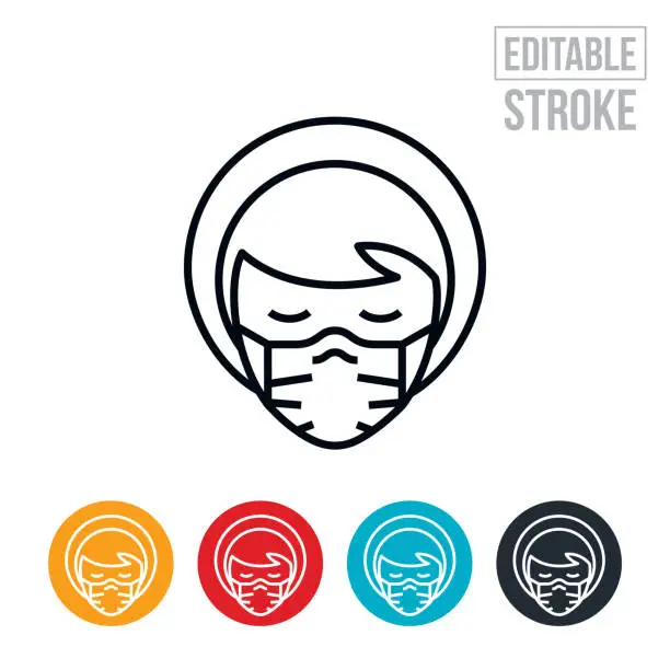 Vector illustration of Woman Wearing Face Mask Thin Line Icon - Editable Stroke