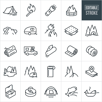 A set of camping icons that include editable strokes or outlines using the EPS vector file. The icons include a tent, lit match stick, flashlight shining, fire in fire pit, mountains and clouds, camp trailer, roasting marshmallows over fire, s'more, tent in trees, firewood, truck camper, pocketknife, sleeping pad, sleeping bag, lake and mountains, camper in trees, water bottle, map, open cooler, compass, dome tent, fish jumping and a fish in a frying pan.