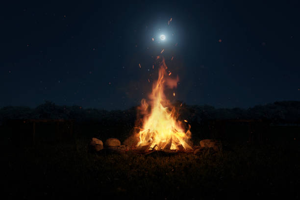 istock 3d rendering of big bonfire with sparks and particles in front of forest and moonlight 1265298280