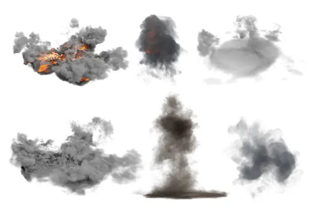 Photo of Black smoke with fire, dark fog clouds. Industrial smog, air pollution   isolated background, Realistic 3d render set
