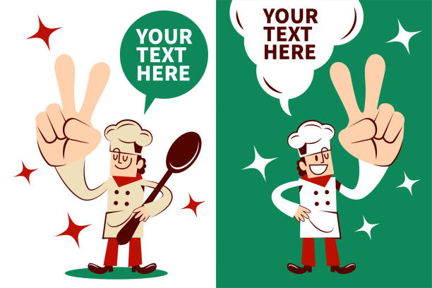 uśmiechnięty szef kuchni z jedną ręką na biodrze niosąc duży widelec i gestykulujący numer 2 (znak zwycięstwa lub pokoju) - restaurant sign sign language food stock illustrations
