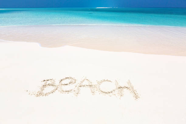 istock Inscription word BEACH on perfect tropical sandy beach 1265313572