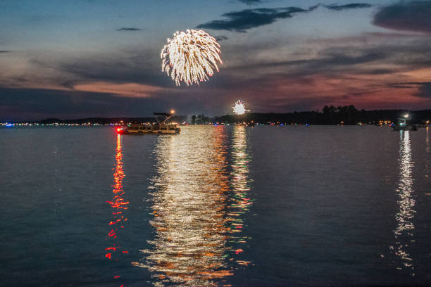 istock Holiday fireworks with water reflection at night black sky 1265314807