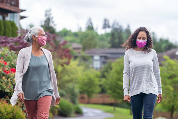 istock Two women wearing protective face masks enjoying the outdoors during Coronavirus 1265315801