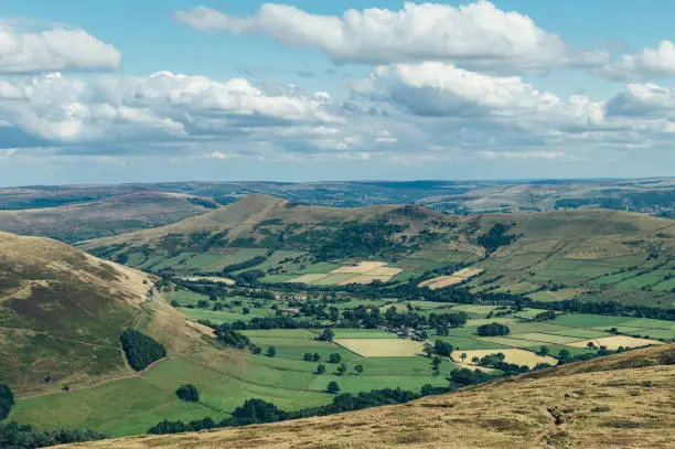 Beautiful field view on Edale village and Mam Tor at Peak District National Park, England, UK. Staycation concept of traveling local