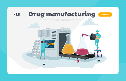 Medical Drugs Production Landing Page Template. Pharmaceutical Industry, Tiny Pharmacist Characters Dripping Liquid in Huge Glass Beakers on Producing Conveyor Belt. Cartoon People Vector Illustration