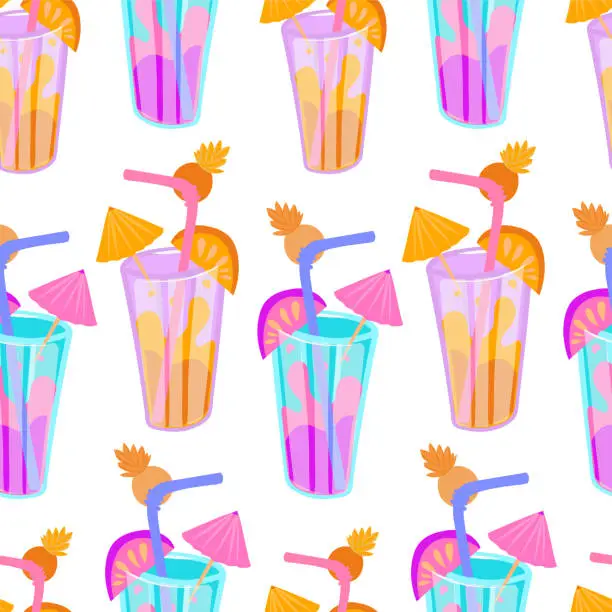 Vector illustration of Vector seamless pattern bright summer illustration for endless background or printing on fabric.Cocktail with straw,umbrella in a glass.Trending colors,seamless pattern for menu,bar corporate identity