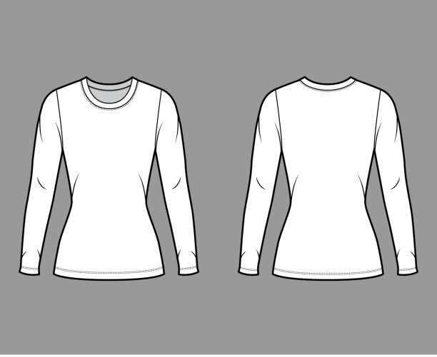 istock Crew neck jersey sweater technical fashion illustration with long sleeves, close-fitting shape, tunic length 1265320349