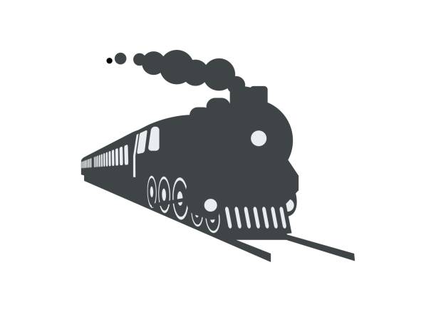 Silhouette of steam locomotive hauling passenger train. Simple illustration in perspective view. Simple illustration of a steam locomotive hauling passenger train in perspective view cowcatcher stock illustrations