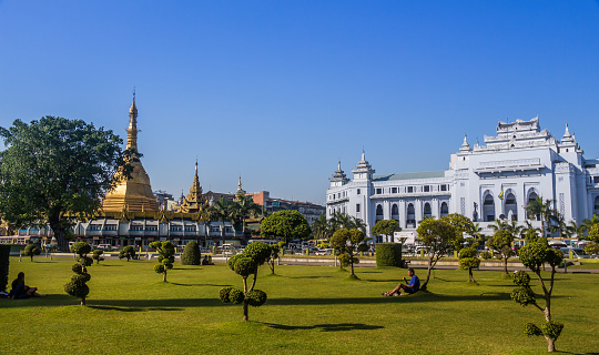 Yangon, Myanmar - December 18th 2017: Mahabandula Park, next to the Sule Pagoda and City Hall in central Yangon, Myanmar