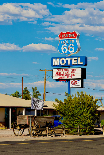 Seligman, Arizona, USA - July 30, 2020: The “Historic Route 66 Motel” is an iconic landmark along historic Route 66 that goes through the heart of Seligman, Arizona.