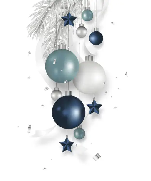 Vector illustration of Christmas blue balls decoration with fir tree, ribbon, stars, confetti hanging isolated on white background. Xmas holidays ornament. Vector illustration.